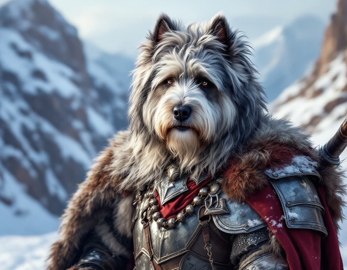 AI generated: havanese dog dressed in armor for war, photo-realistic, surrounded by snow-covered mountains of idah...