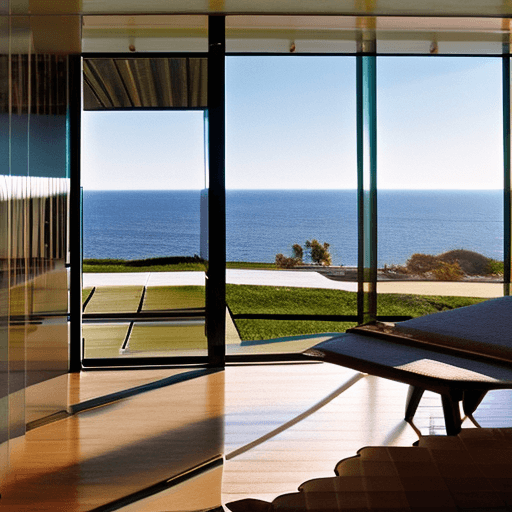 AI generated: Hyper realistic eye level exterior photo of a mid century modern style house overlooking the ocean, ...