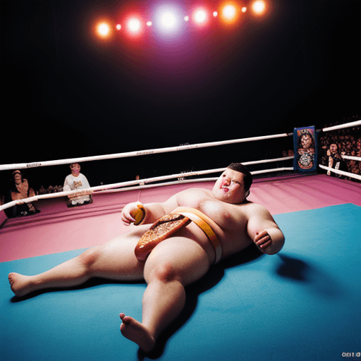 AI generated: (very super fat monkey:1.2)  in the ring, on the floor of the ring, there are hundreds of burgers an...