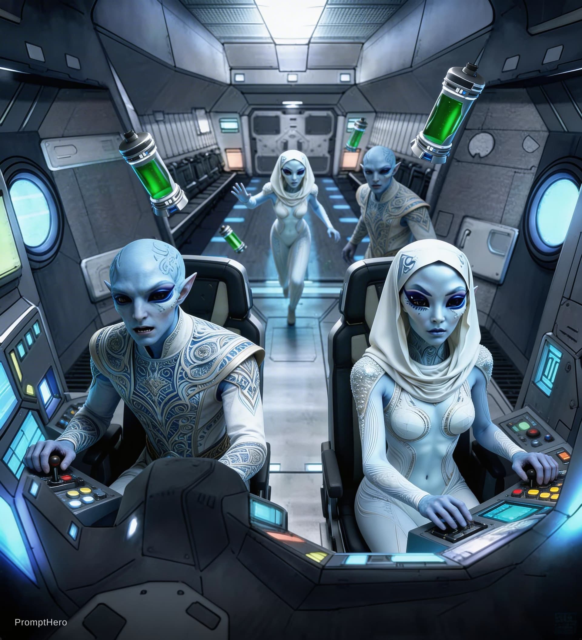 AI generated: Sci-Fi scene. Place one male and one female in the left and right seats of the cockpit. Place anothe...