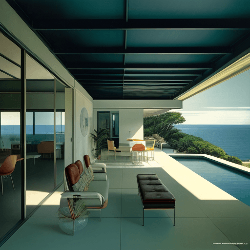 AI generated: Hyper realistic eye level exterior photo of a mid century modern style house overlooking the ocean, ...