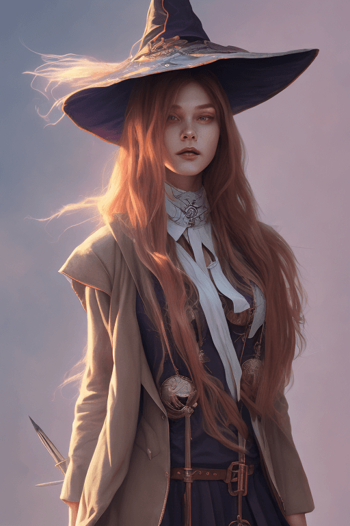 AI generated: rugged girl witch wearing magic school uniform, large wide - brimmed witch hat, cinematic, elaborate...