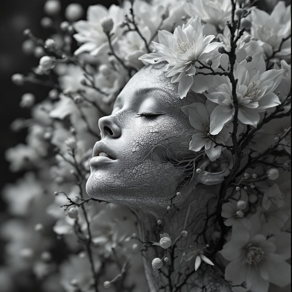 AI generated: 3d woman in flowers with human and flower shaped branches, in the style of medical imaging film., se...