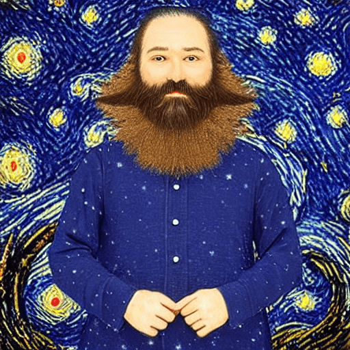 AI generated: a wise man with beard real face with starry night portrait in the back