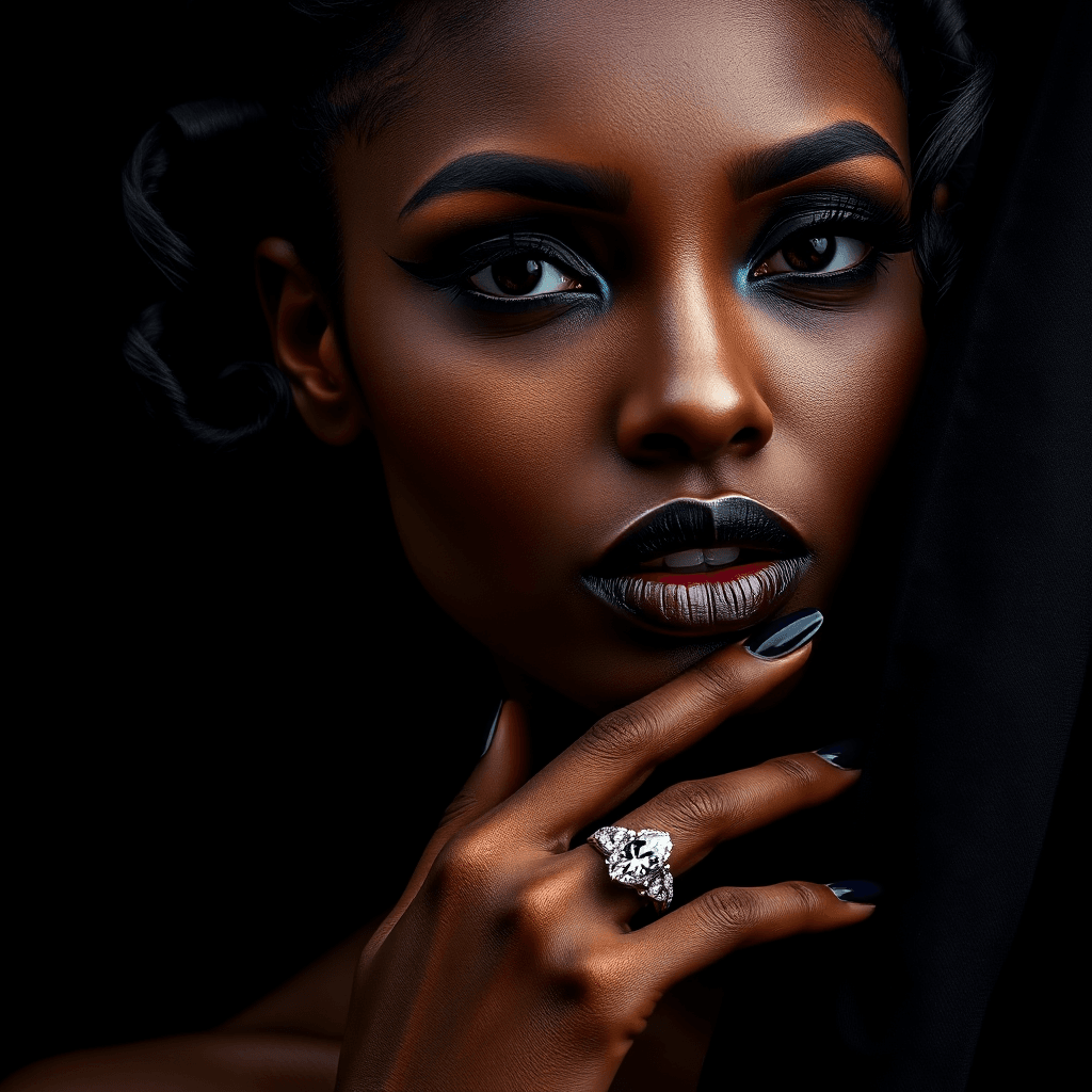 AI generated: This is a high-resolution, close-up photograph of a dark-skinned woman with a striking appearance. S...