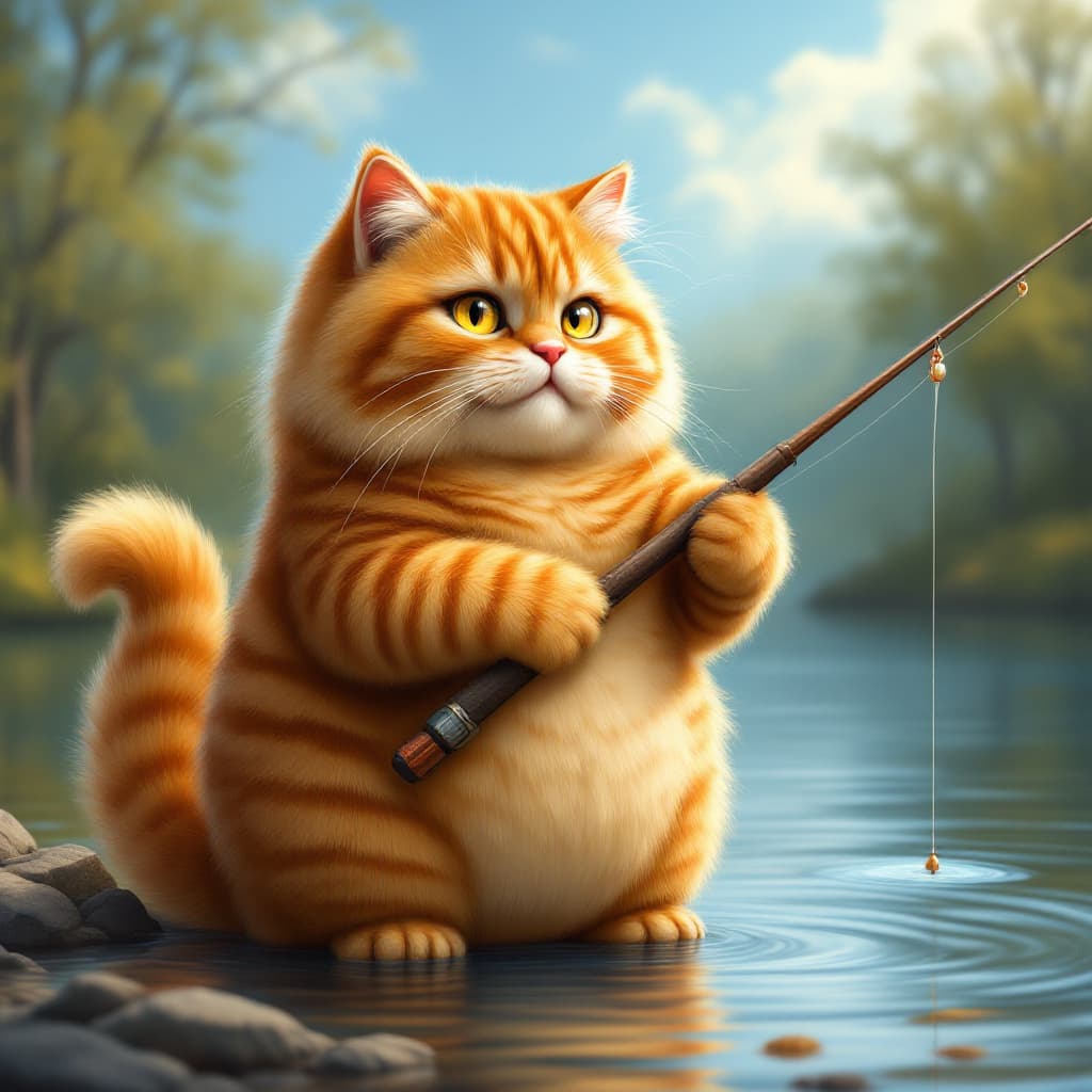 AI generated: “A large, round, and fluffy orange tabby cat with bold stripes, standing confidently near a peaceful...