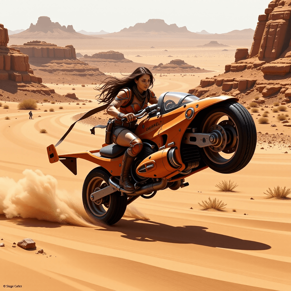 AI generated: The female warrior engaged in a high-speed chase on a hoverbike across the crimson desert plains.â...