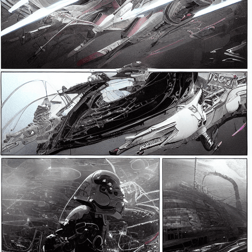AI generated: boy in spacesuit, spaceship inside, Tsutomu Nihei style, Sidonia no Kishi, gigantism, laser generato...