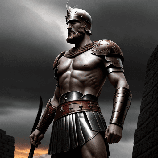 AI generated: Leonidas 1 the king of Sparta, a great warrior, stands after the battle, looking into the distance, ...