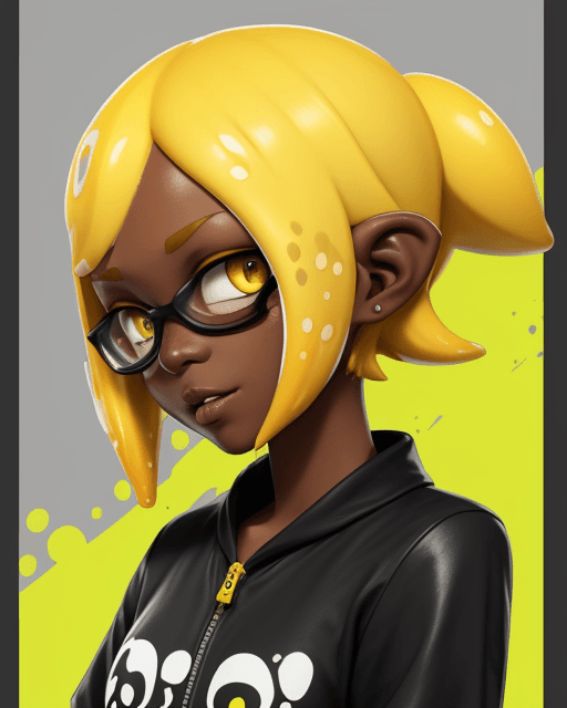 AI generated: splatoon, inkling, short hair, dark skin, yellow hair