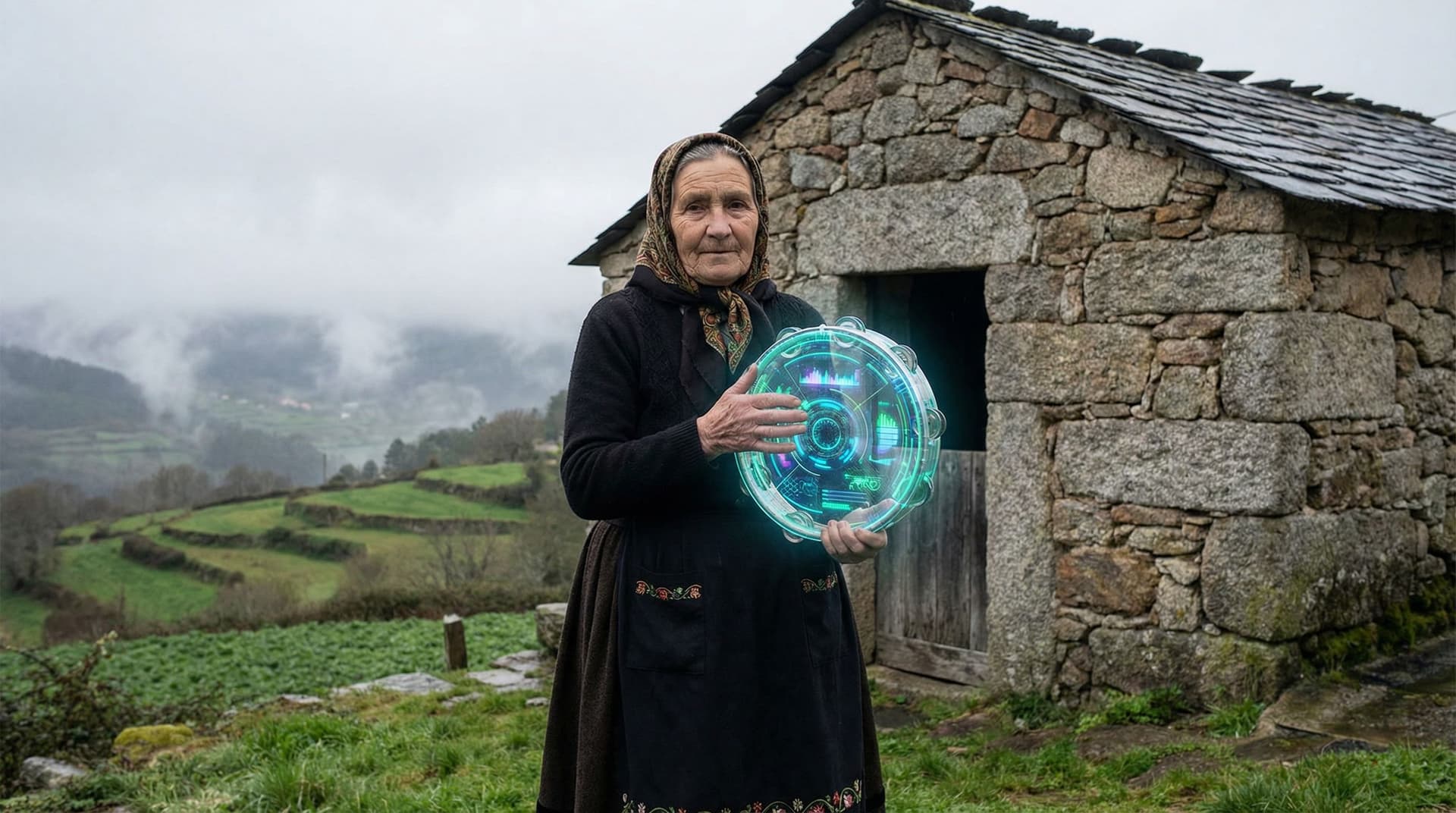AI generated: old Galician woman in rural Galicia, wearing traditional clothing with an apron and headscarf, stand...