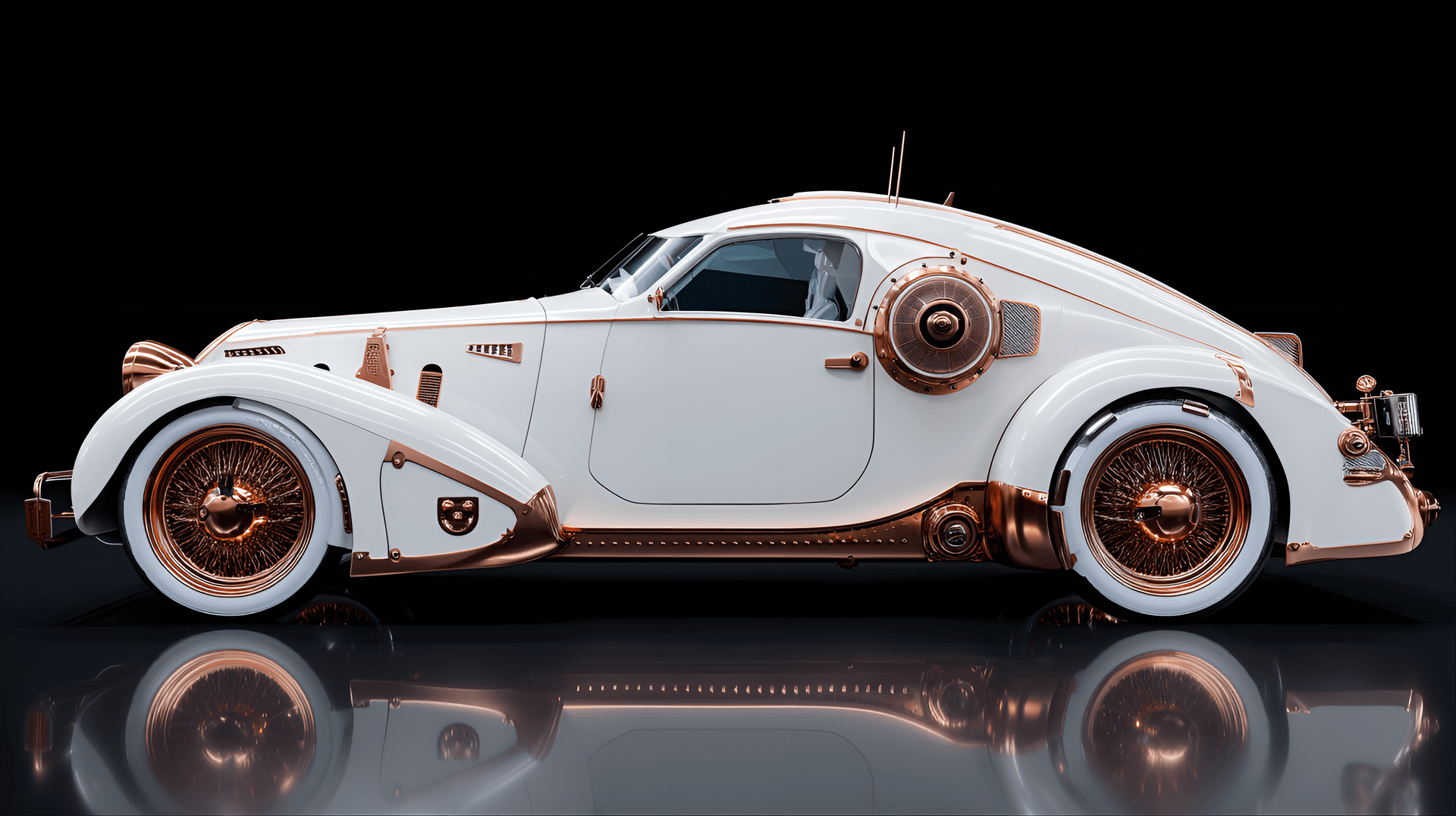 AI generated: Custom-designed, classic car, immaculate detail,  ornate copper and white,  low angle,  studio shot,...