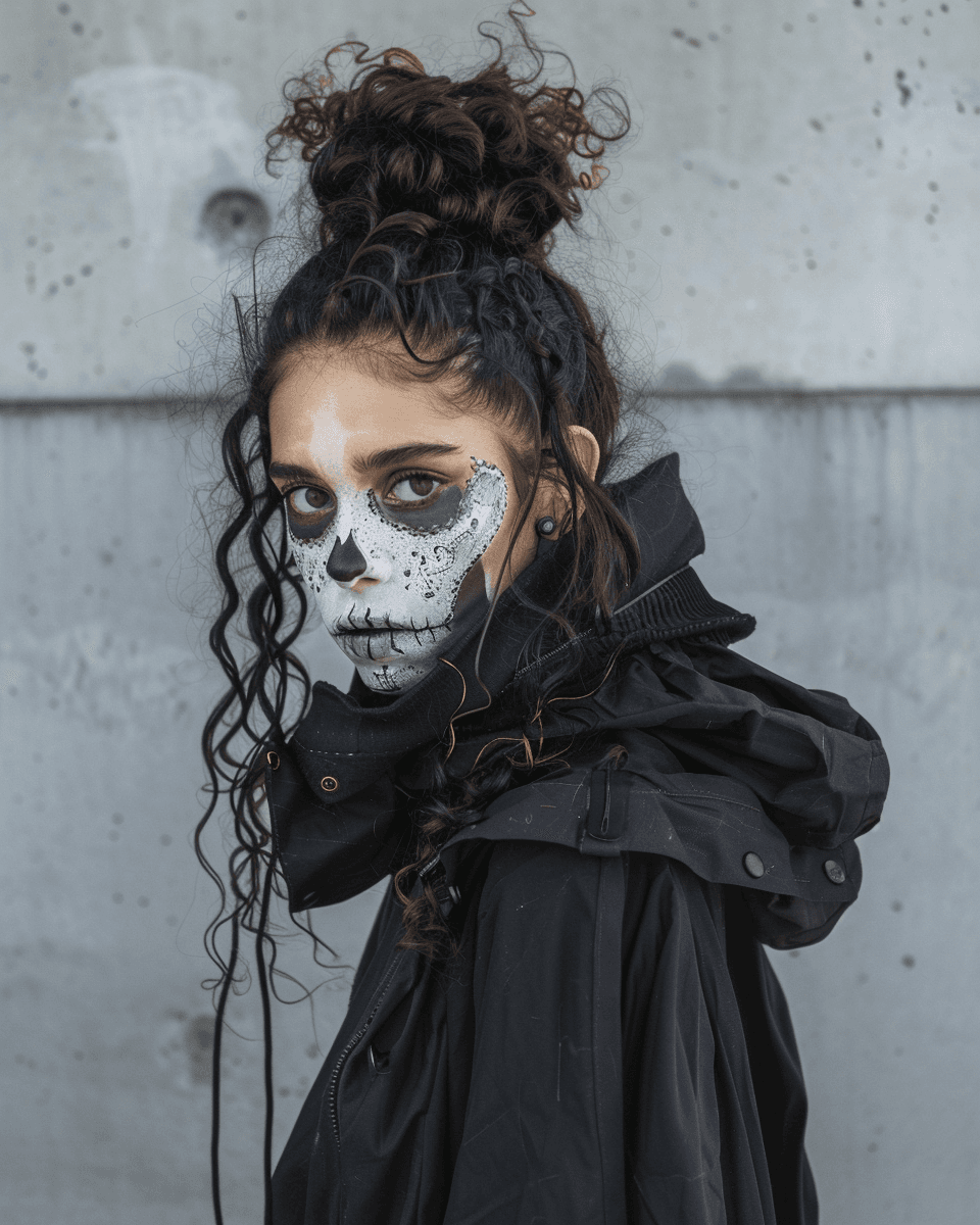 AI generated: A 35-years-old mixed-race woman, long dark curly hair in a bun, green eyes, a delicate skull face pa...