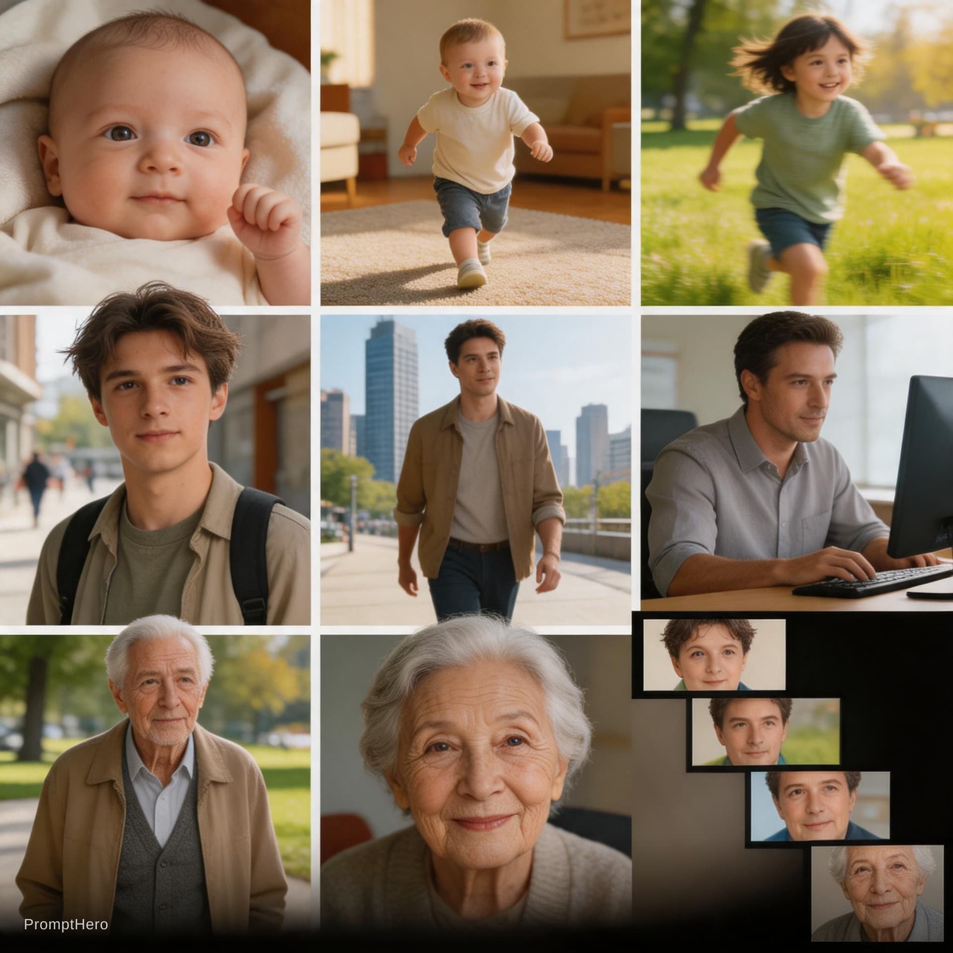 AI generated: 15s fast-paced cinematic montage, single consistent character across all ages, rapid cuts, strong id...