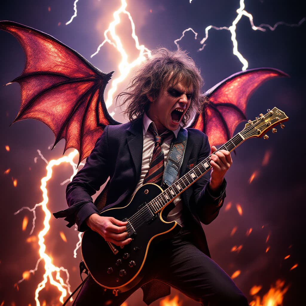 AI generated: acdc playing hit song thunderstruck and angus young in his school boy costume with demonic wings of ...