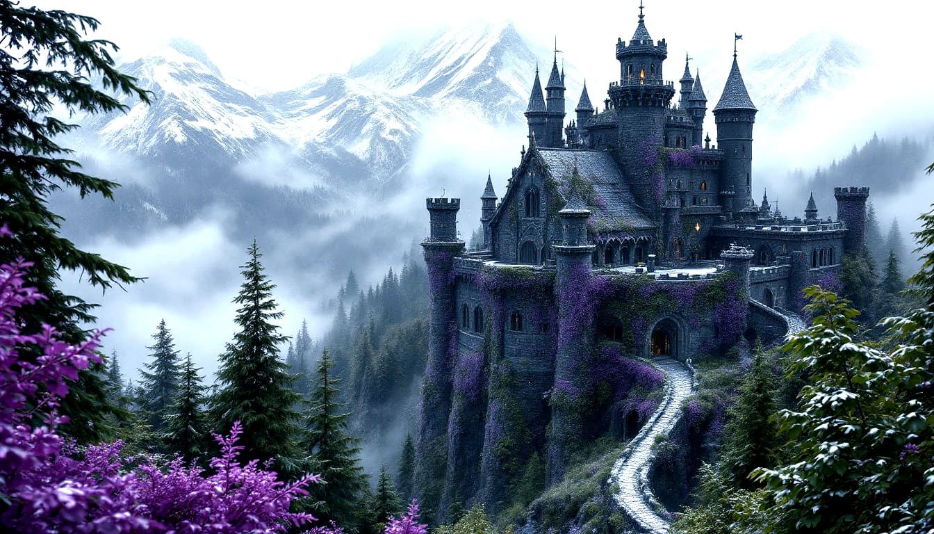 AI generated: A realistic, wide angle photo of an old, medieval castle hidden in the middle of a large forest. The...