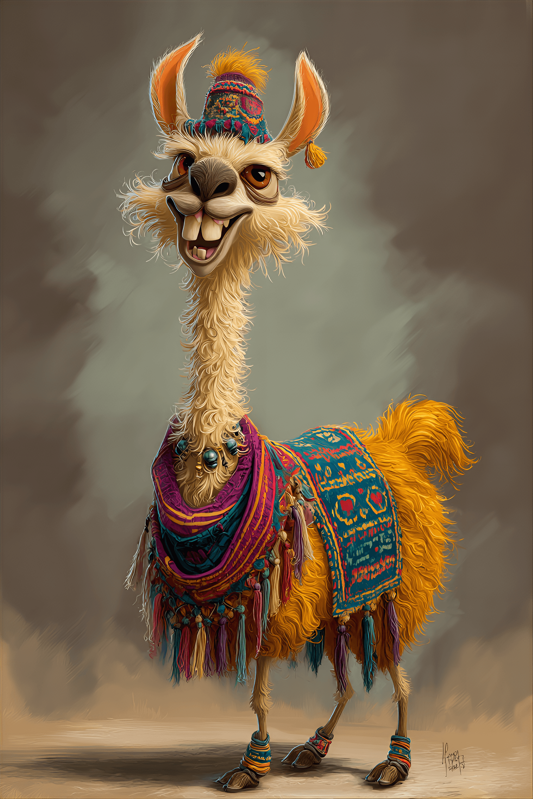 AI generated: funny caricature, silly llama character, peruvian ethnicity, 5 years old, aloof, curious, dramatic, ...