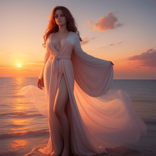 AI generated: a woman of breathtaking beauty in the sunset wearing a long flowing robe ethereal looking scene