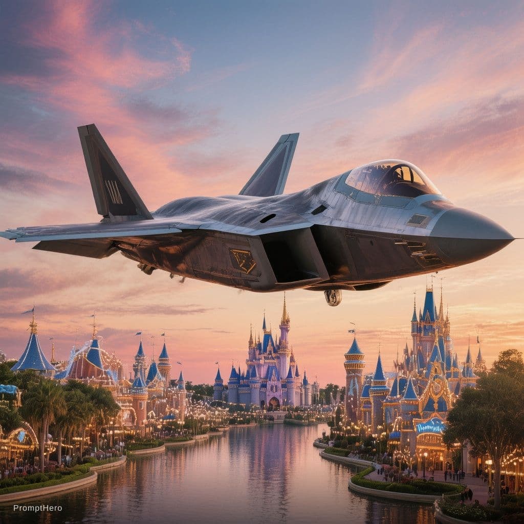 AI generated: F-22 jet fighter over disney world.