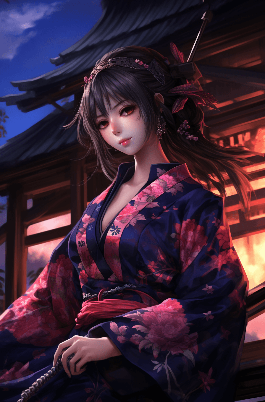 AI generated: Kimono, kimono anime wallpaper, wallpaper anime, anime girl, anime girl, in the style of dark navy a...