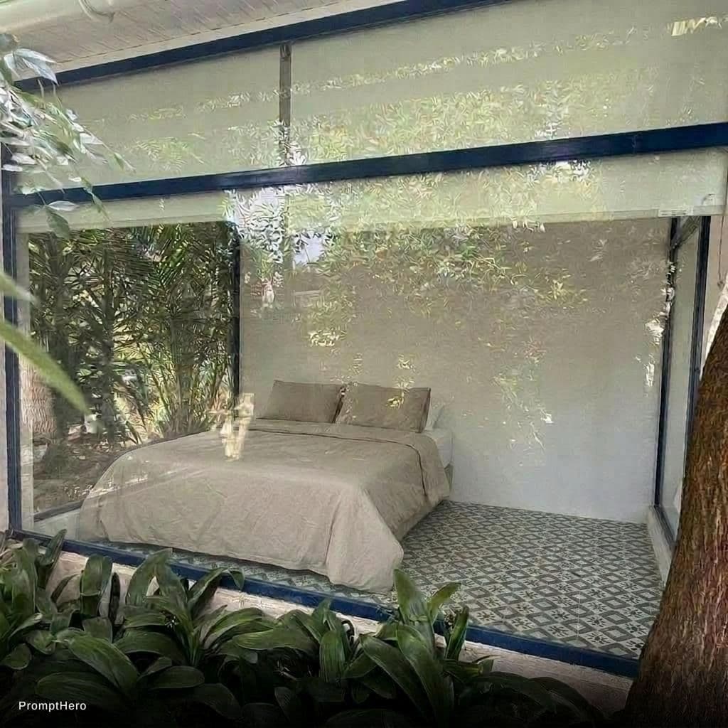 AI generated: Make the bed longer so that it touches the glass wall. Keep the head of the bed in the same place
