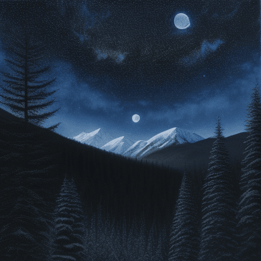 AI generated: Photo realistic 4k photo of a mountain and forest scenery. The time of day is night. The sky is dark...