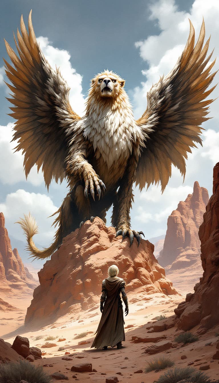 AI generated: Image is a fantasy scene featuring a large, majestic griffin with a lion's body and an eagle's head ...