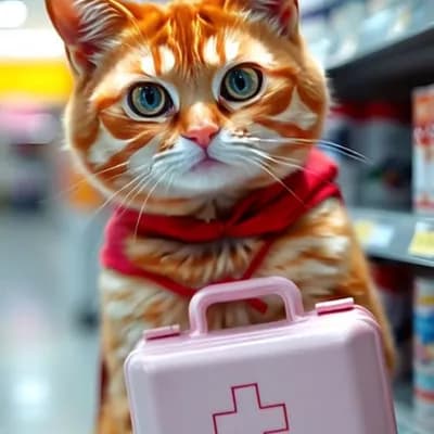 AI generated video: Cat runs with first-aid kid in speed 