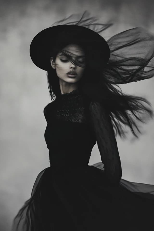 AI generated: A striking portrait of a woman dressed in an elegant, flowing black gown, captured in a moody, monoc...