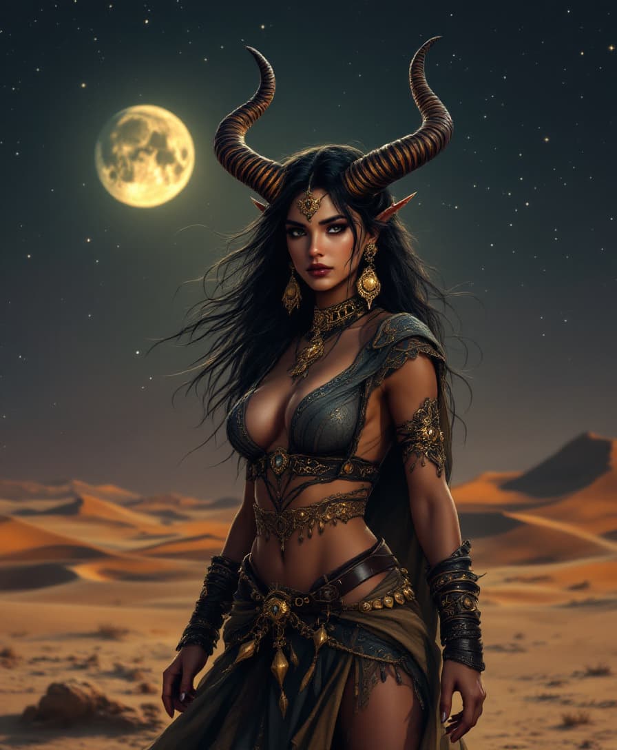 AI generated: A detailed and atmospheric illustration, full body shot of a young beautiful Persian female,  horned...