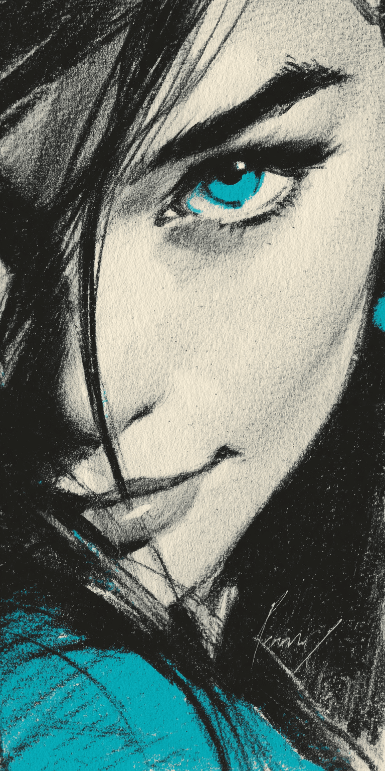 AI generated: An expressionist charcoal sketch, a stunning woman with piercing blue-green eyes, bold, intense, sou...