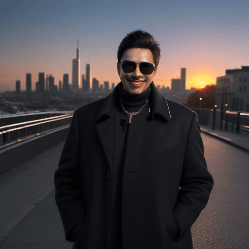 AI generated: Loid forger standing in a city street, wearing dark shades and smiling slyly, looking confident yet ...