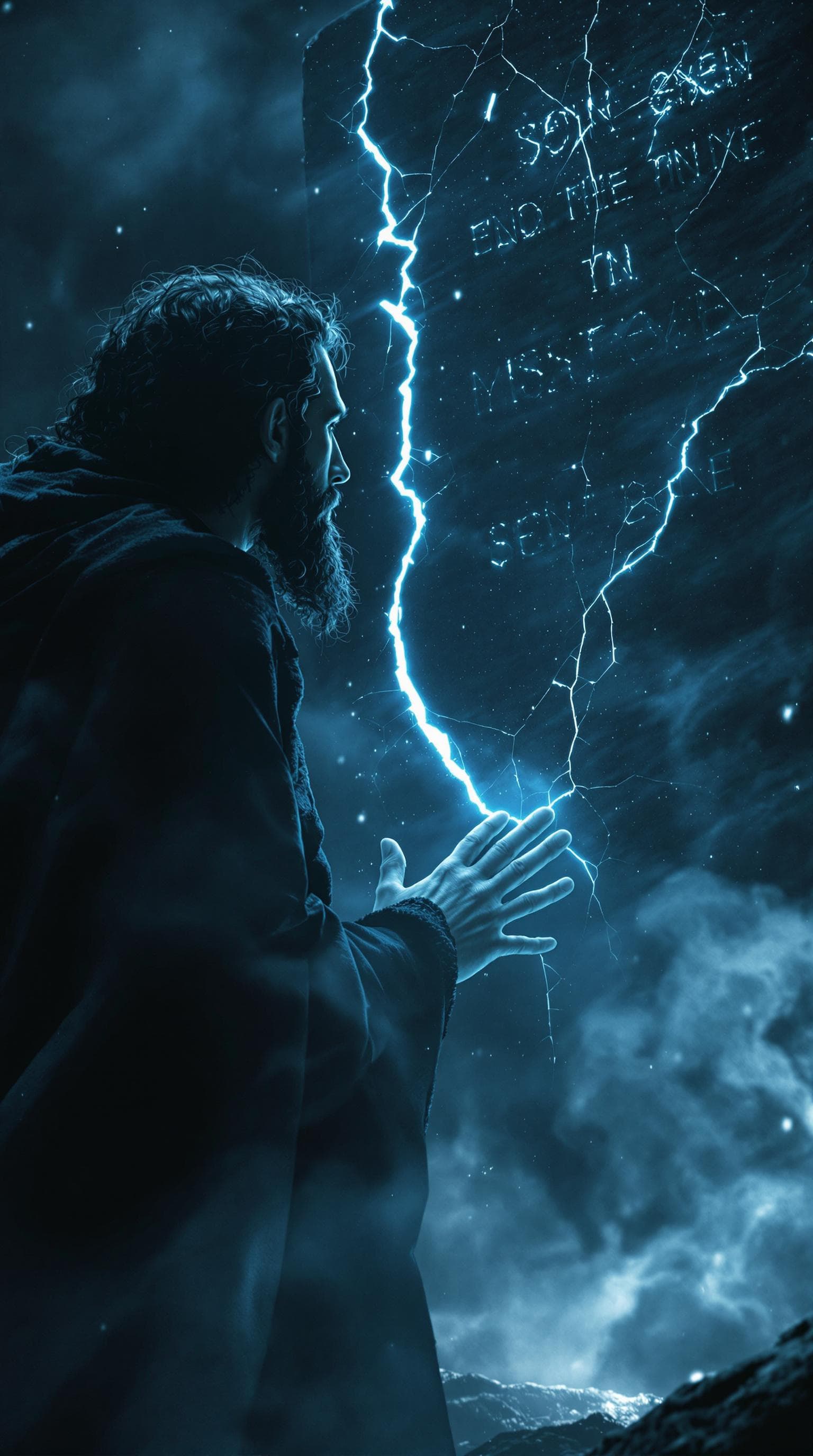 AI generated: A dramatic close-up of Moses standing before a cracked stone tablet, his hand resting gently on the ...