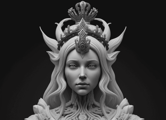 AI generated: a black and white sculpture of a woman with an elaborate crown, in the style of hyper-realistic sci-...