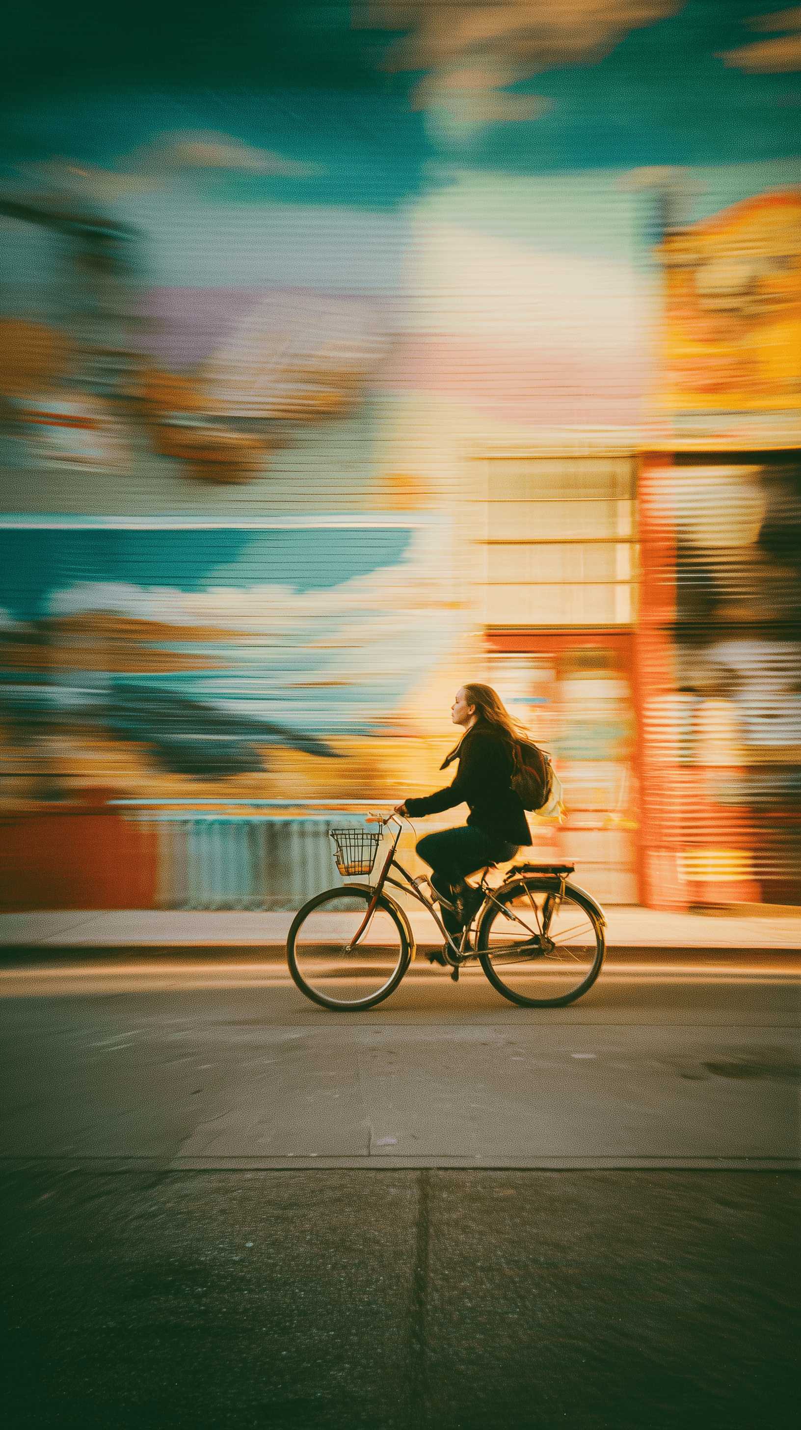 AI generated: urban winter film photography, woman biking past murals, vintage winter colors, motion blur, film gr...