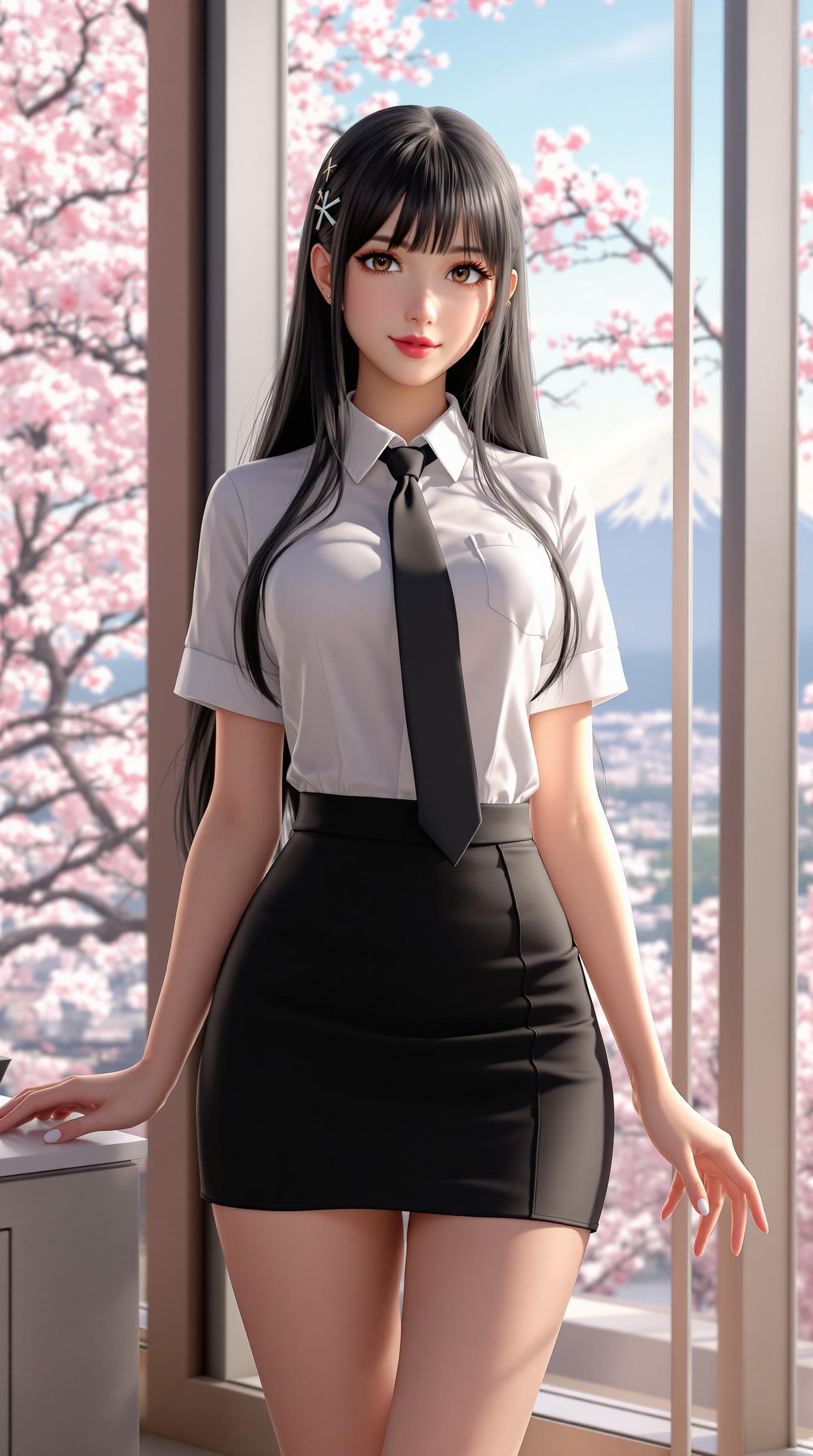 AI generated: 3D Render of a girl, mature, long black hair, hair ornament, bangs, secretary outfit, short sleeves,...