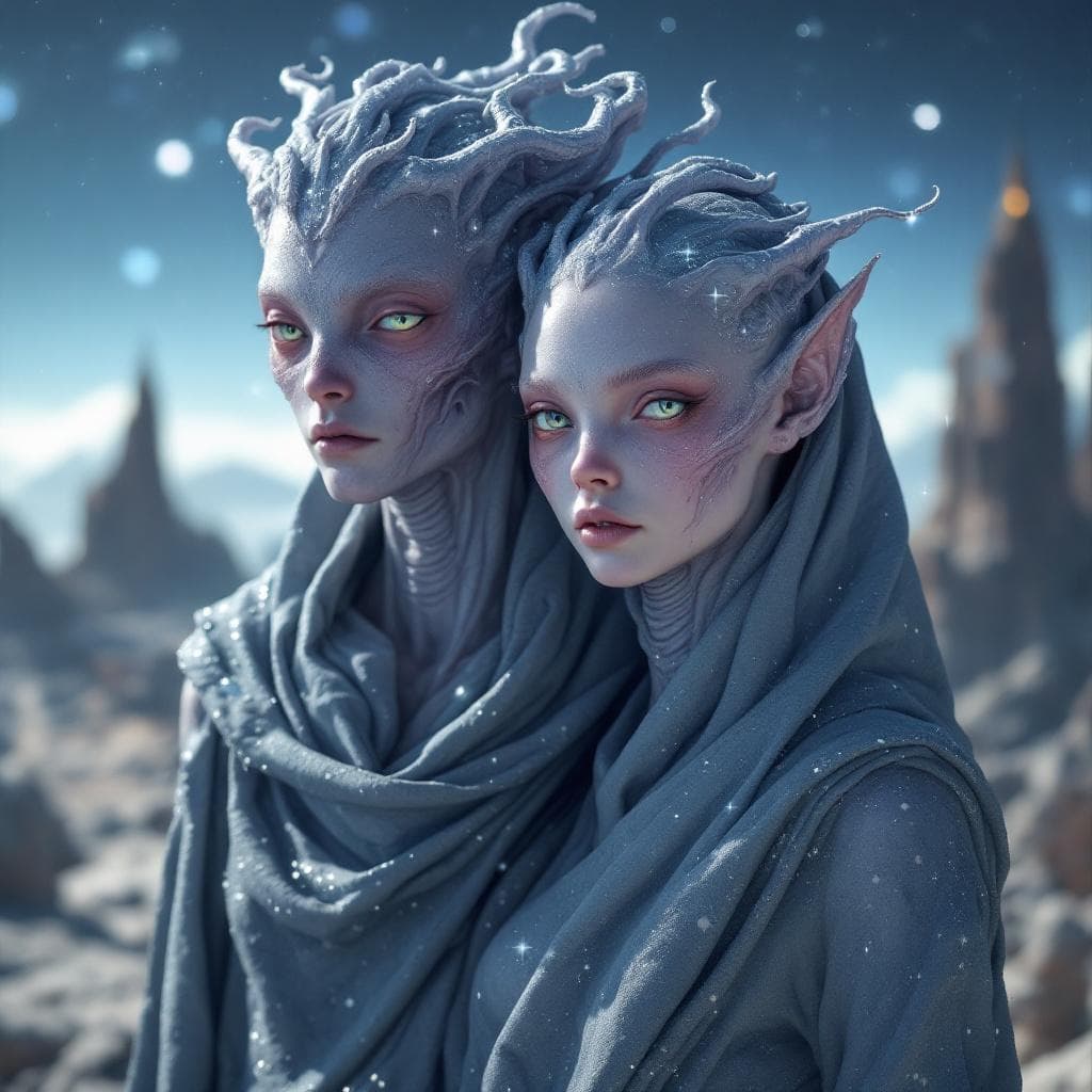 AI generated: Create a unique, flesh, organic, species, Male and Female. Otherworldly human figures with iridescen...