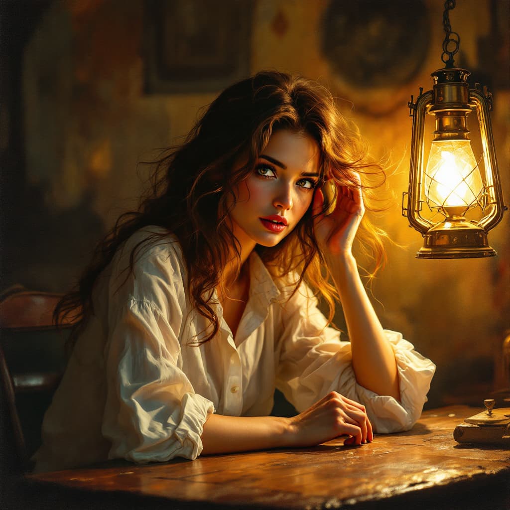 AI generated: "A cinematic, painterly scene of a stunning woman with expressive eyes, sitting at an old desk in wa...