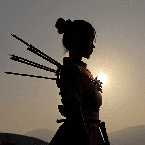 AI generated: Samurai Archer Girl Silhouette. The sun is behind her in a beautiful Landscape. white black red gold...