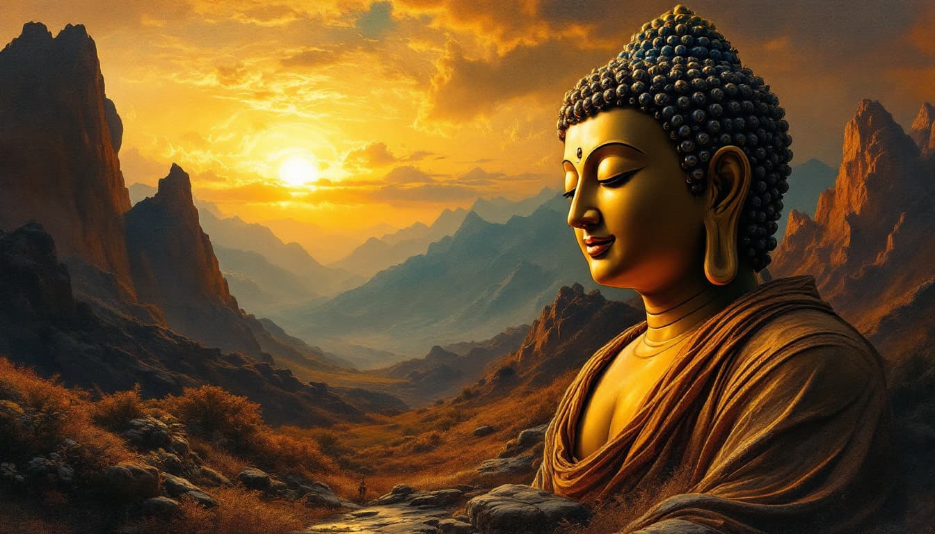 AI generated: The painting depicts a serene and expansive scene with Buddha at its center, his tranquil expression...