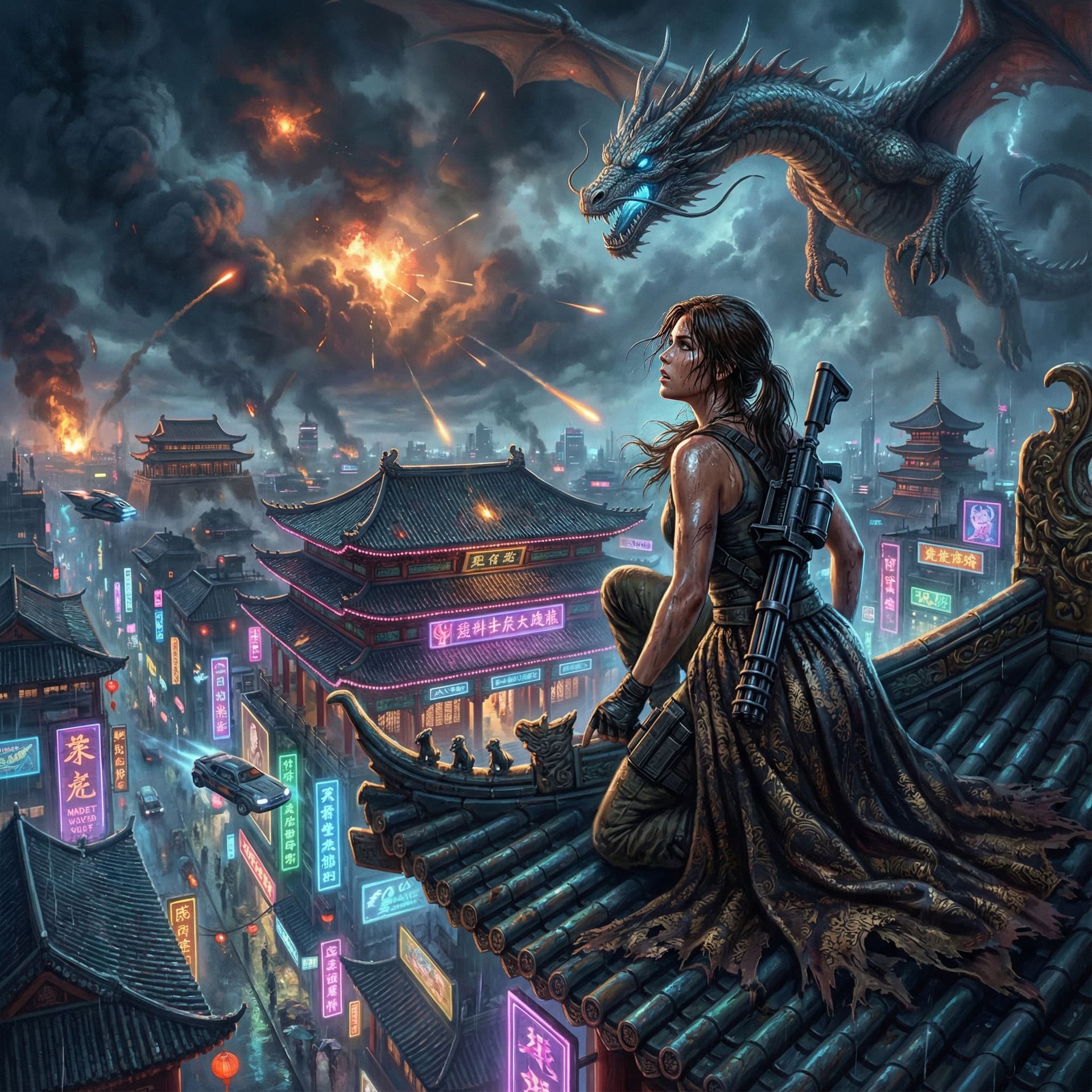 AI generated: Lara Croft at modern cyberpunk fantasy world.Covered in sweat,wet hair,she's clad in 
princess,on th...