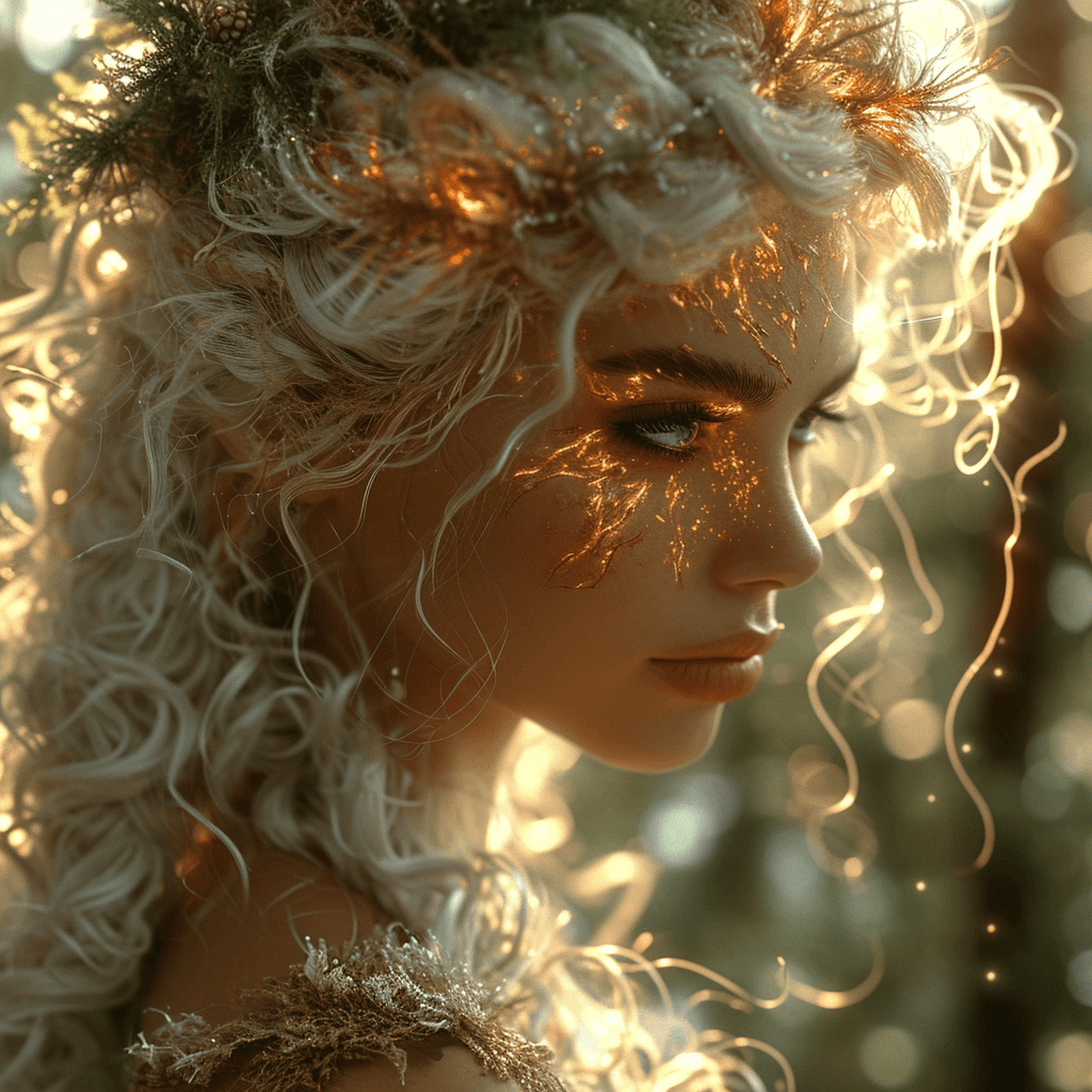 AI generated: photo of a woman, fiery white hair, white eye, 280mm f/5.5 lens, earthy green and brown optical, sof...