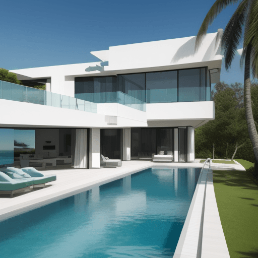 AI generated: ultra-modern mega villa by the sea with swimming pool and green space with big pool