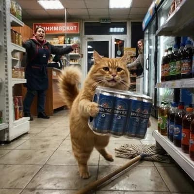AI generated video: Кот-воришка 🐈

A realistic, cinematic viral-style video filmed on a phone inside a small Russian gr...