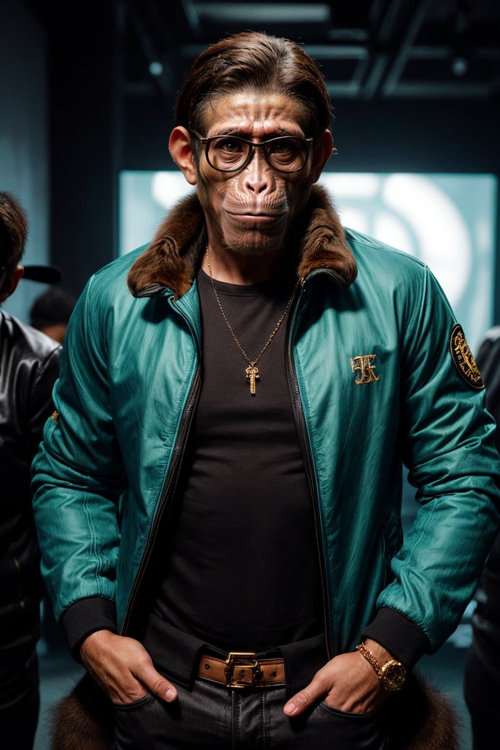 AI generated: action packed, The image features a (monkey wearing a tosca jacket:1.3), a black shirt, and a pair o...