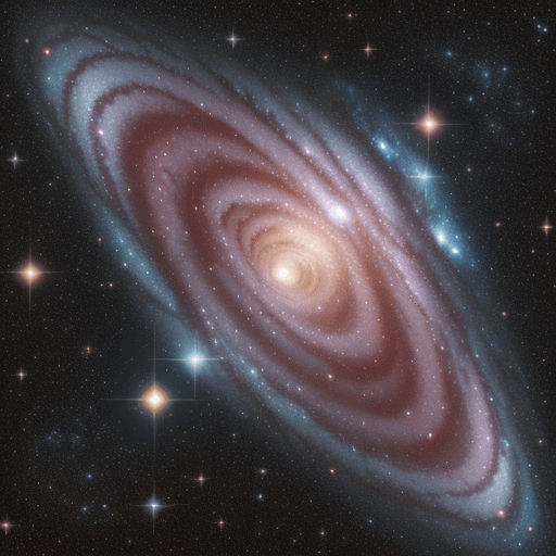 AI generated: a spiral galaxy in the distance, in the style of light teal and light red, james webb telescope, pla...
