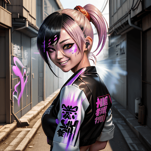 AI generated: Genshin impact, amber, rebel, synth wave, face viewer, Korean, beautiful, graffiti, looking at viewe...