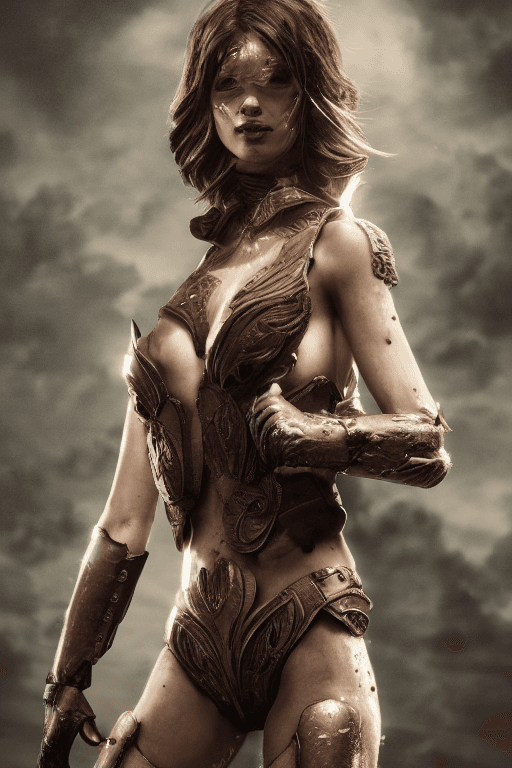 AI generated: 1girl, a real perfect female anatomy of brunette, sweaty naked upper body, light high ornamented arm...