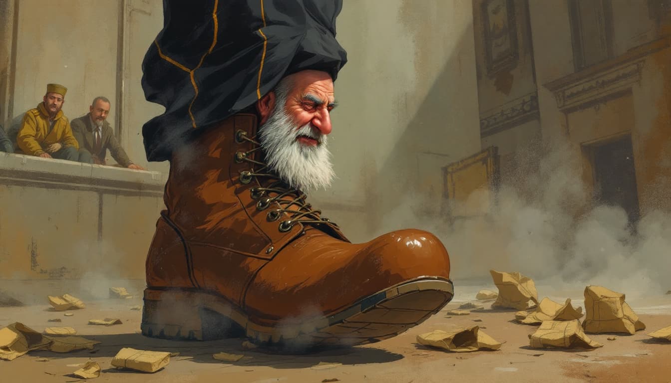 AI generated: Ali Khamenei, thrown out of the door by foot and he is very depressed and lust, illustration, cartoo...