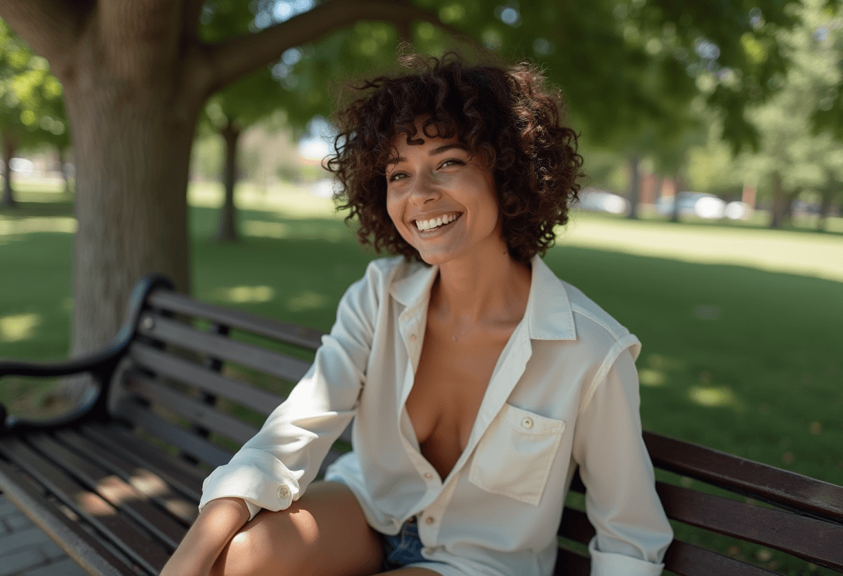 AI generated: 3/4 shot, photograph of smiling woman with curly bob haircut, high angle, sitting on a park bench, o...